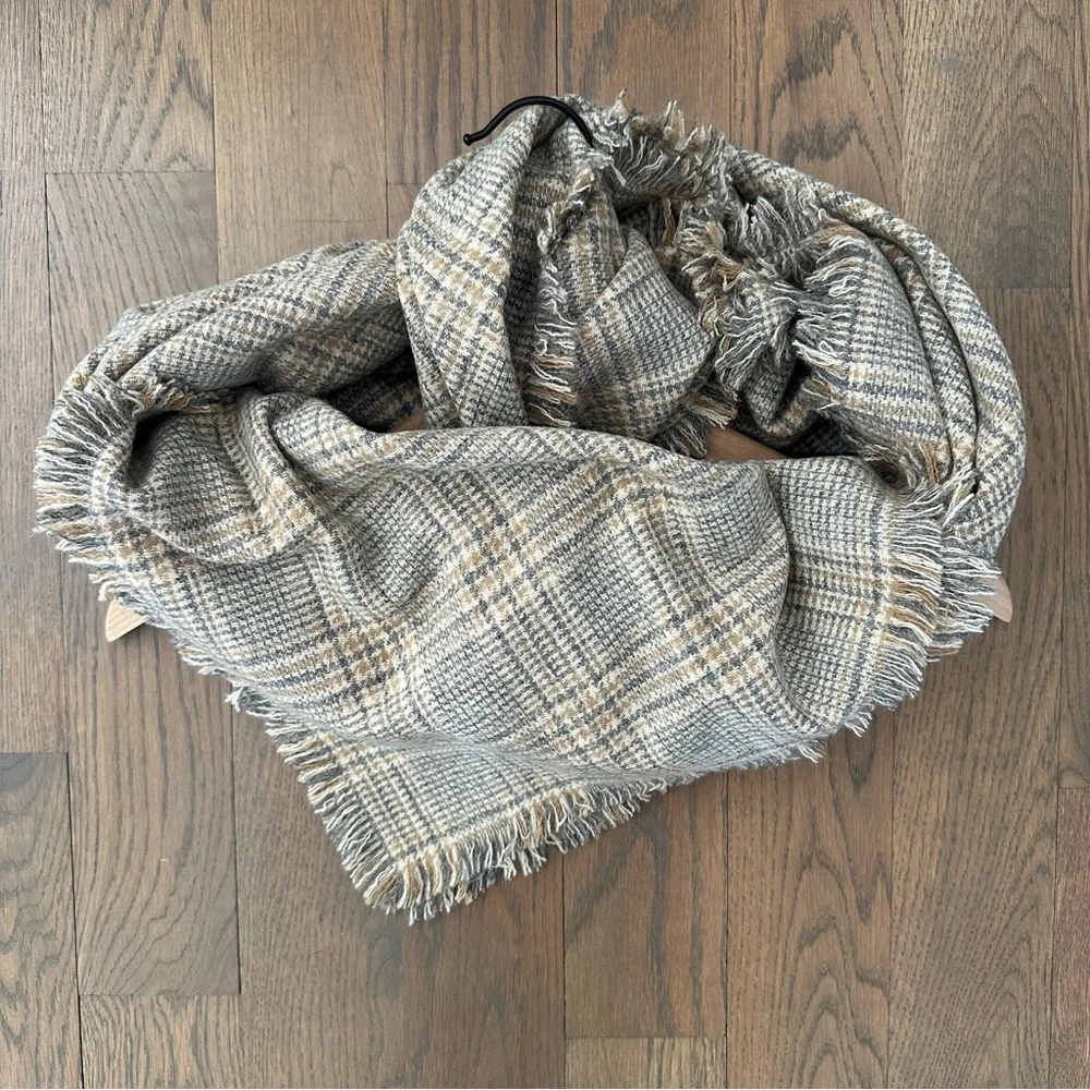 Eskandar Wool Oversized Plaid Fringed Scarf in Cream, Grey, Tan 47
